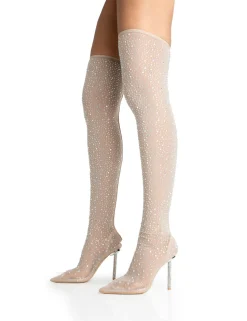 Cheap It Girl Nude Diamante Holographic Detailed Mesh Pointed Toe Stiletto Sock Boot Heels High Heels | Sock Boots