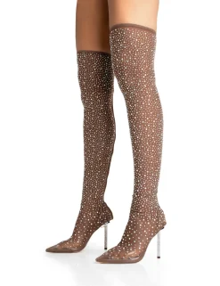 Best It Girl Nude Diamante Holographic Detailed Mesh Stiletto Boot Heels Diamante Heels | High Heels
