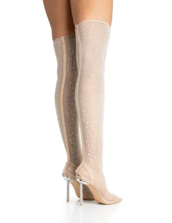 Cheap It Girl Nude Diamante Holographic Detailed Mesh Pointed Toe Stiletto Sock Boot Heels High Heels | Sock Boots