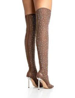 Best It Girl Nude Diamante Holographic Detailed Mesh Stiletto Boot Heels Diamante Heels | High Heels