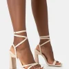Hot Ives Stone Pu Strappy Lace Up Square Toe Slim Block Heels Strappy Heels | Square Toe Heels