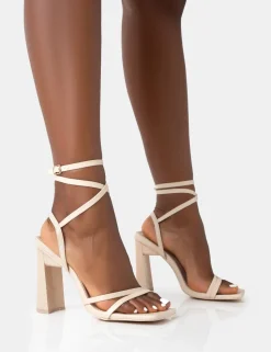 Hot Ives Stone Pu Strappy Lace Up Square Toe Slim Block Heels Strappy Heels | Square Toe Heels