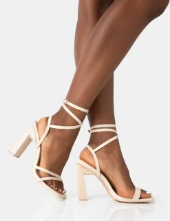 Hot Ives Stone Pu Strappy Lace Up Square Toe Slim Block Heels Strappy Heels | Square Toe Heels