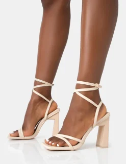Hot Ives Stone Pu Strappy Lace Up Square Toe Slim Block Heels Strappy Heels | Square Toe Heels