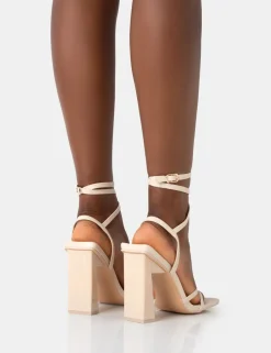 Hot Ives Stone Pu Strappy Lace Up Square Toe Slim Block Heels Strappy Heels | Square Toe Heels