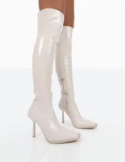 New Jenine Ecru Patent Over The Knee Stiletto Heeled Boots High Heels | Heeled Boots