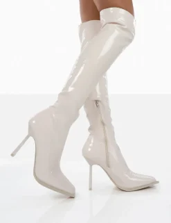 New Jenine Ecru Patent Over The Knee Stiletto Heeled Boots High Heels | Heeled Boots