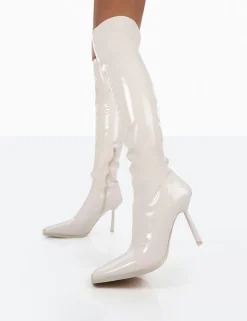 New Jenine Ecru Patent Over The Knee Stiletto Heeled Boots High Heels | Heeled Boots