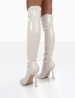 New Jenine Ecru Patent Over The Knee Stiletto Heeled Boots High Heels | Heeled Boots