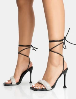 Hot Jenner PU Diamante Strap Lace Up Square Toe Cake Stand Stiletto Heels Diamante Heels | Square Toe Heels