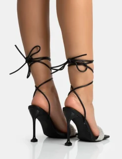Hot Jenner PU Diamante Strap Lace Up Square Toe Cake Stand Stiletto Heels Diamante Heels | Square Toe Heels