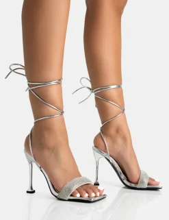 Fashion Jenner PU Diamante Strap Lace Up Square Toe Cake Stand Stiletto Heels Diamante Heels | Silver Heels