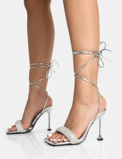 Fashion Jenner PU Diamante Strap Lace Up Square Toe Cake Stand Stiletto Heels Diamante Heels | Silver Heels