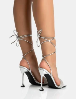 Fashion Jenner PU Diamante Strap Lace Up Square Toe Cake Stand Stiletto Heels Diamante Heels | Silver Heels
