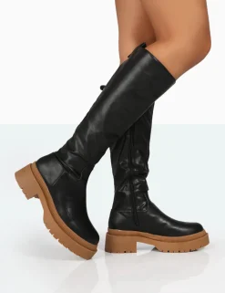 Hot Jersey Pu Contrasting Chunky Sole Knee High Boots Flat Boots | Knee High Boots