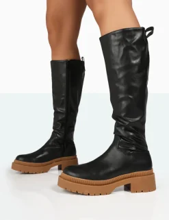 Hot Jersey Pu Contrasting Chunky Sole Knee High Boots Flat Boots | Knee High Boots