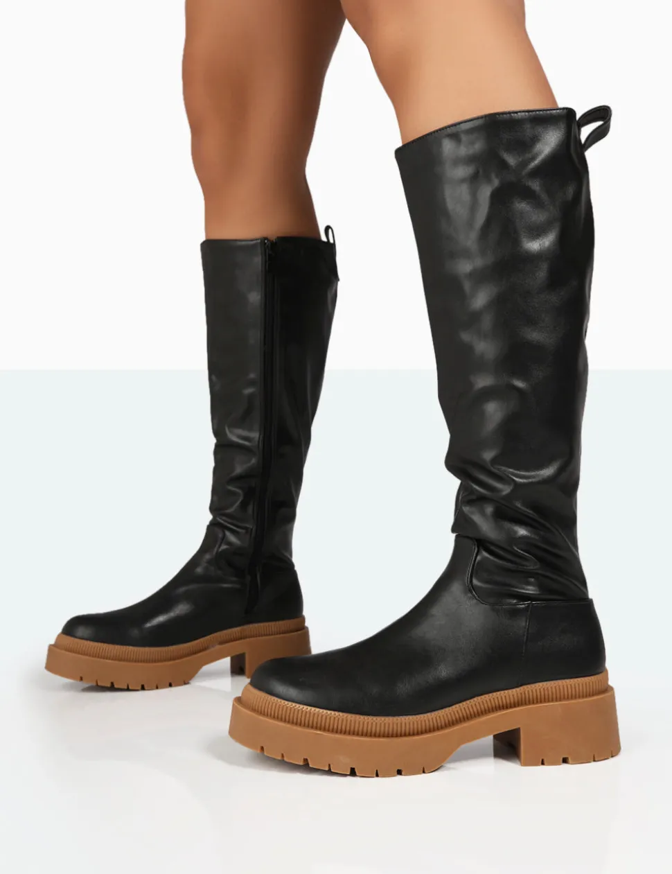 Hot Jersey Pu Contrasting Chunky Sole Knee High Boots Flat Boots | Knee High Boots
