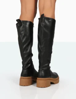Hot Jersey Pu Contrasting Chunky Sole Knee High Boots Flat Boots | Knee High Boots