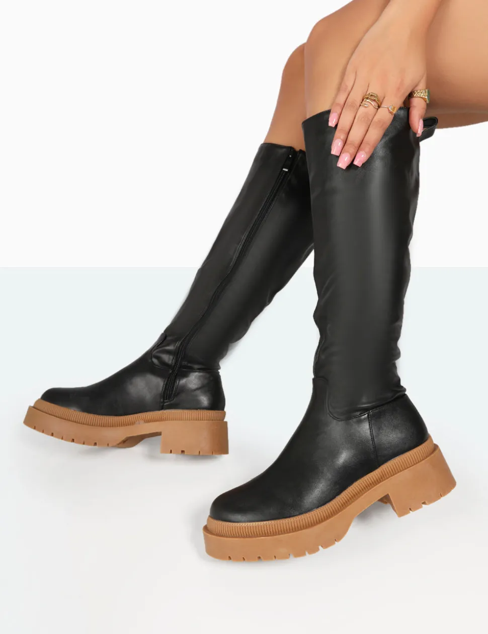 Hot Jersey Pu Contrasting Chunky Sole Knee High Boots Flat Boots | Knee High Boots
