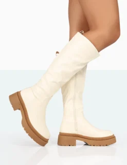 Online Jersey Pu Contrasting Chunky Sole Knee High Boots Flat Boots | Knee High Boots
