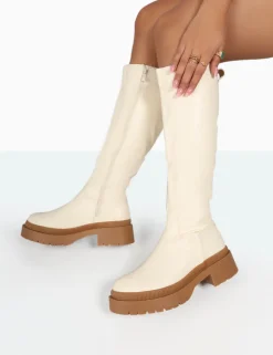 Online Jersey Pu Contrasting Chunky Sole Knee High Boots Flat Boots | Knee High Boots