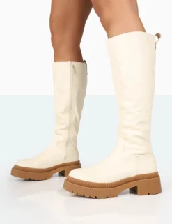 Online Jersey Pu Contrasting Chunky Sole Knee High Boots Flat Boots | Knee High Boots