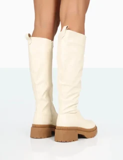 Online Jersey Pu Contrasting Chunky Sole Knee High Boots Flat Boots | Knee High Boots