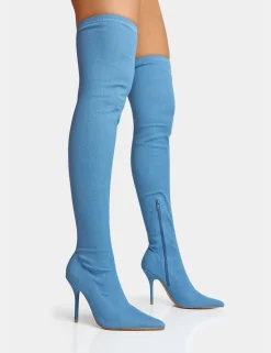 Flash Sale Jodie Denim Seam Detail Pointed Toe Stiletto Over The Knee Boots High Heels | Heeled Boots