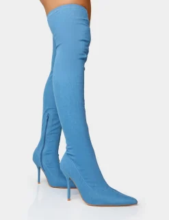 Flash Sale Jodie Denim Seam Detail Pointed Toe Stiletto Over The Knee Boots High Heels | Heeled Boots