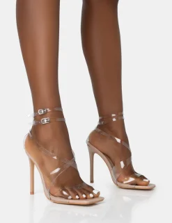 Outlet Jojo Nude Patent Cut Out Perspex Strap Square Toe Stiletto Heels Square Toe Heels | Perspex Heels