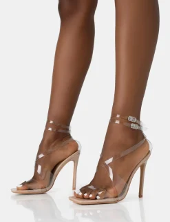 Outlet Jojo Nude Patent Cut Out Perspex Strap Square Toe Stiletto Heels Square Toe Heels | Perspex Heels