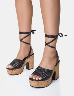 Best Jos Netted Lace Up Cork Platform Sandals Wide Fit Heels | Wide Fit Heels