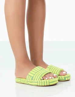 Clearance Juicy Lime Yellow Terry Towelling Slider Slippers Flats