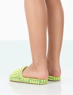 Clearance Juicy Lime Yellow Terry Towelling Slider Slippers Flats
