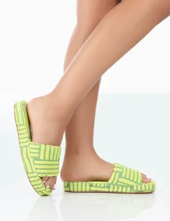 Clearance Juicy Lime Yellow Terry Towelling Slider Slippers Flats
