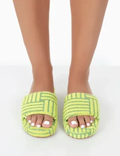 Clearance Juicy Lime Yellow Terry Towelling Slider Slippers Flats