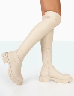 Online Junya Bone Pu Over The Knee Chunky Sole Boots Flat Boots | Over The Knee Boots