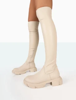 Online Junya Bone Pu Over The Knee Chunky Sole Boots Flat Boots | Over The Knee Boots