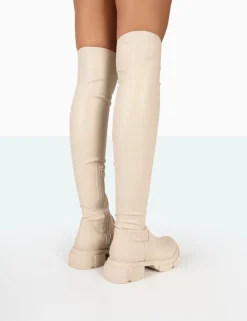 Online Junya Bone Pu Over The Knee Chunky Sole Boots Flat Boots | Over The Knee Boots