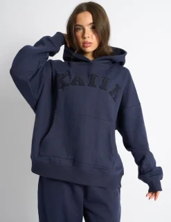 Shop Kaiia Borg Slogan Oversized Hoodie Deep Blue Sculpt & Leisure | Kaiia The Label