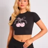 New Kaiia Bow Cherry Graphic Baby Tee Black & Pink Sculpt & Leisure | Kaiia The Label