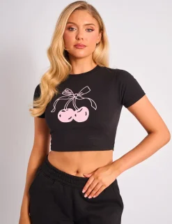 New Kaiia Bow Cherry Graphic Baby Tee Black & Pink Sculpt & Leisure | Kaiia The Label