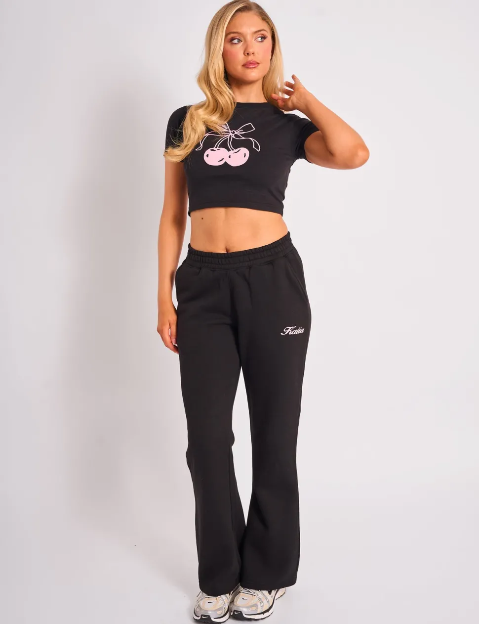 New Kaiia Bow Cherry Graphic Baby Tee Black & Pink Sculpt & Leisure | Kaiia The Label