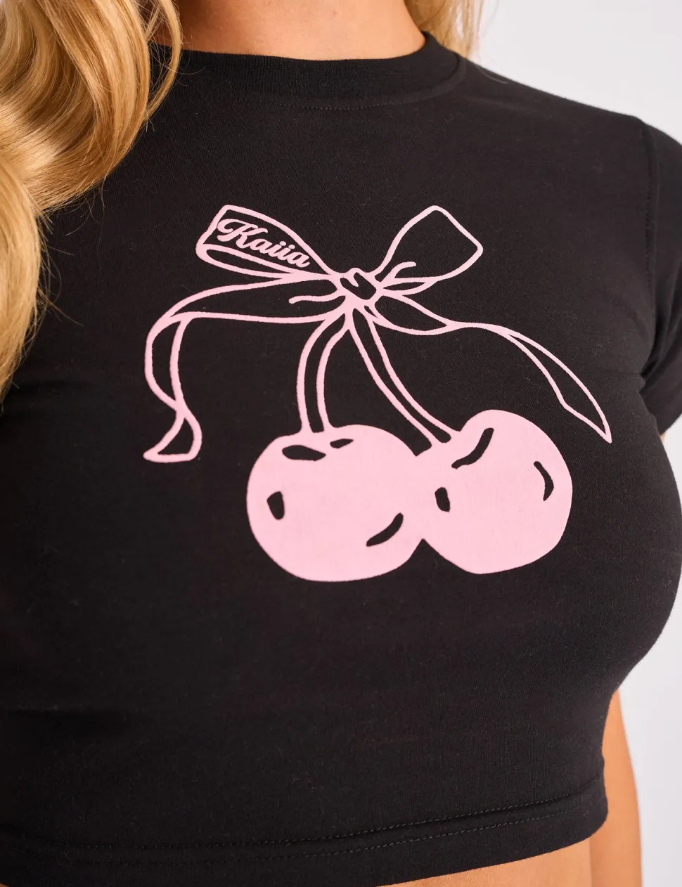 New Kaiia Bow Cherry Graphic Baby Tee Black & Pink Sculpt & Leisure | Kaiia The Label