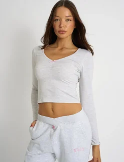 Shop Kaiia Bow Detail Ruched Top Light Grey Marl Sculpt & Leisure | Kaiia The Label