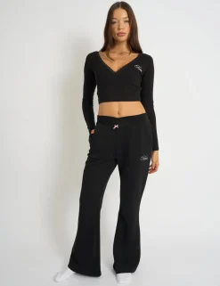 Outlet Kaiia Bow Detail Wide Leg Joggers Black & Pink Sculpt & Leisure | Kaiia The Label