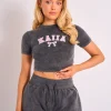 Store Kaiia Bow Embroidered Baby Tee Washed Dark Grey & Pink Sculpt & Leisure | Kaiia The Label