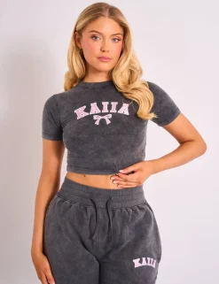 Store Kaiia Bow Embroidered Baby Tee Washed Dark Grey & Pink Sculpt & Leisure | Kaiia The Label
