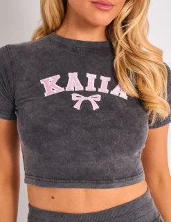 Store Kaiia Bow Embroidered Baby Tee Washed Dark Grey & Pink Sculpt & Leisure | Kaiia The Label