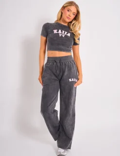 Store Kaiia Bow Embroidered Baby Tee Washed Dark Grey & Pink Sculpt & Leisure | Kaiia The Label